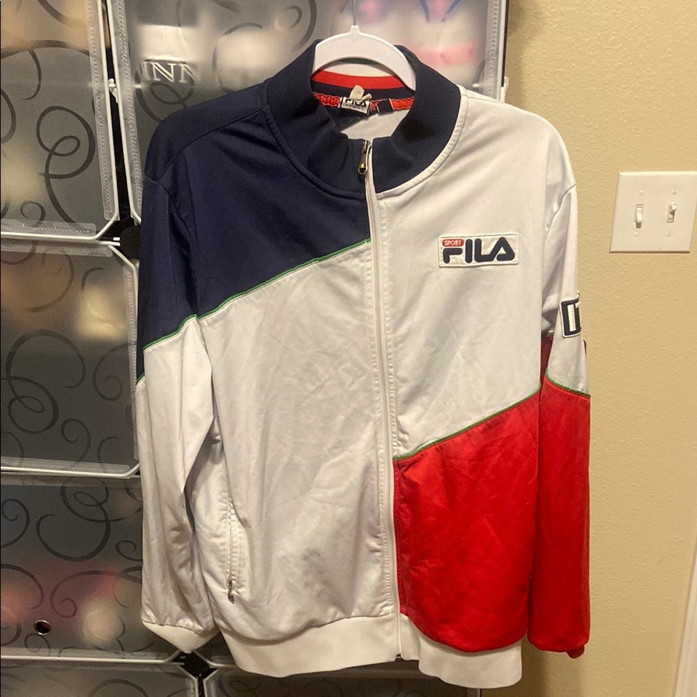 Fila White and Blue Bomber Jacket Varsity Style